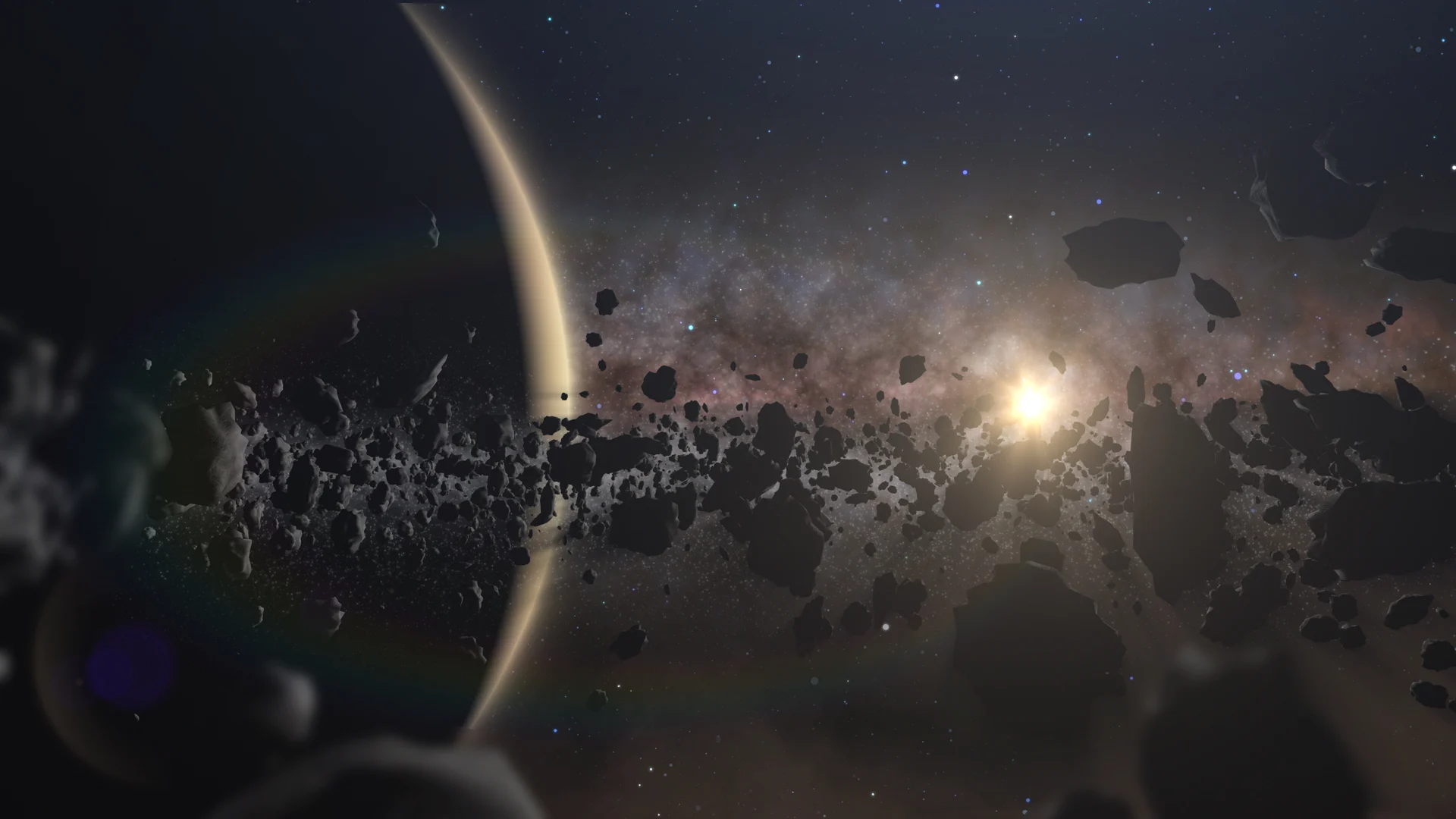 A ringed world seen from within a field of asteroids